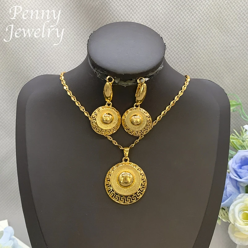 Luxuriöses Original-Schmuckset mit 18 Karat vergoldetem Gold für Damen, 2-teilig, goldener Schmuck, Halskette, Ohrringe, afrikanische Brautparty, Hochzeitsgeschenke