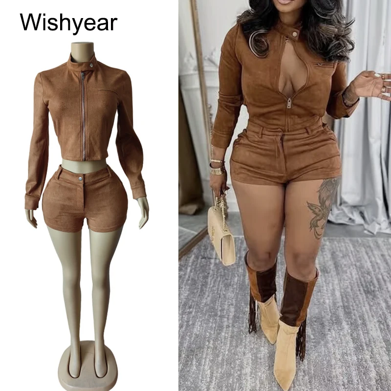 Hot Girls Fashion Moto Bike Suede 2-Piece Pants Set Women Hooded Long Sleeve Crop Jacket and Shorts Suit Night Club Outfits