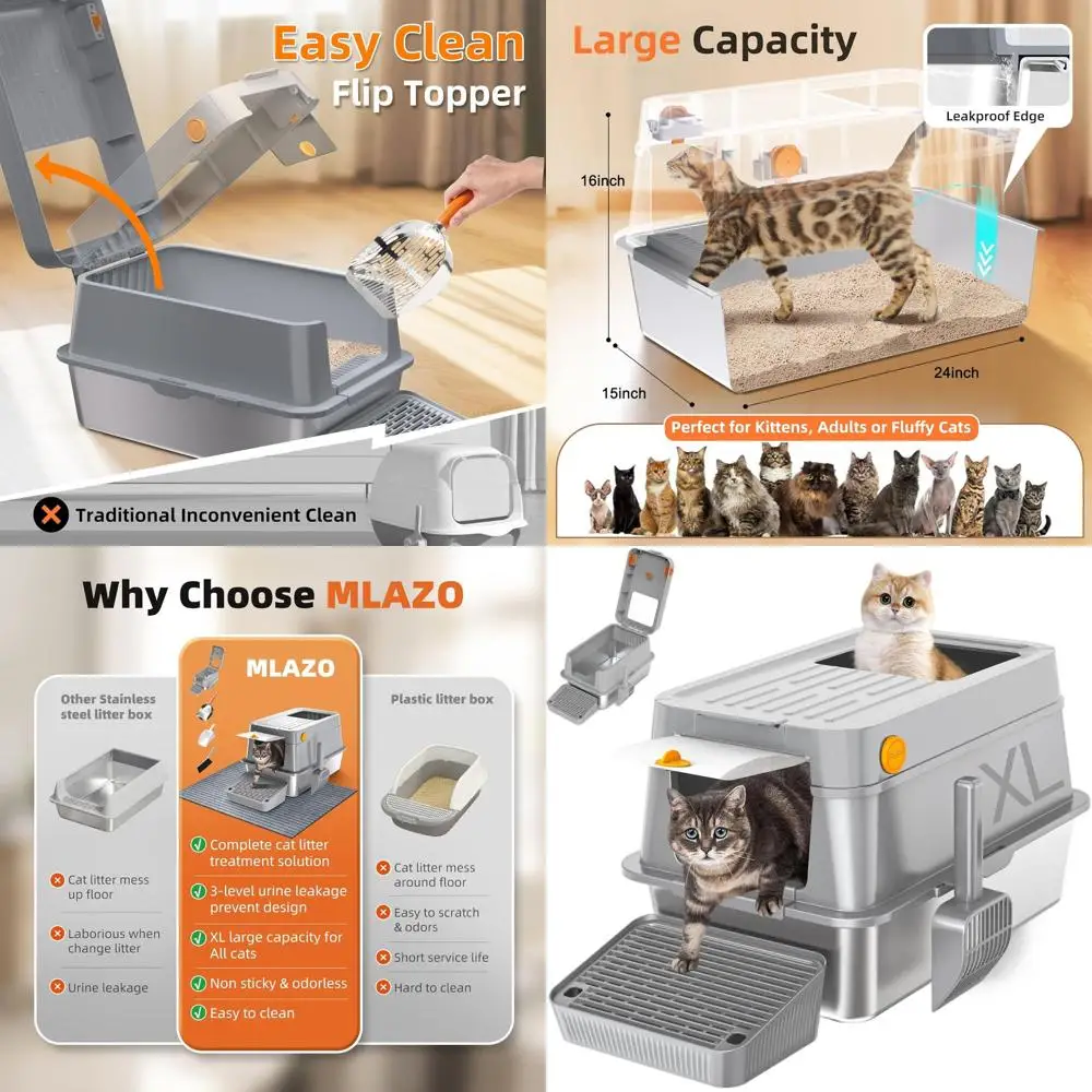 

Очень большой лоток для кошек из нержавеющей стали объемом 20 л с откидной крышкой, закрытый металлический контейнер XL для контроля запаха и легкой очистки, двойной E