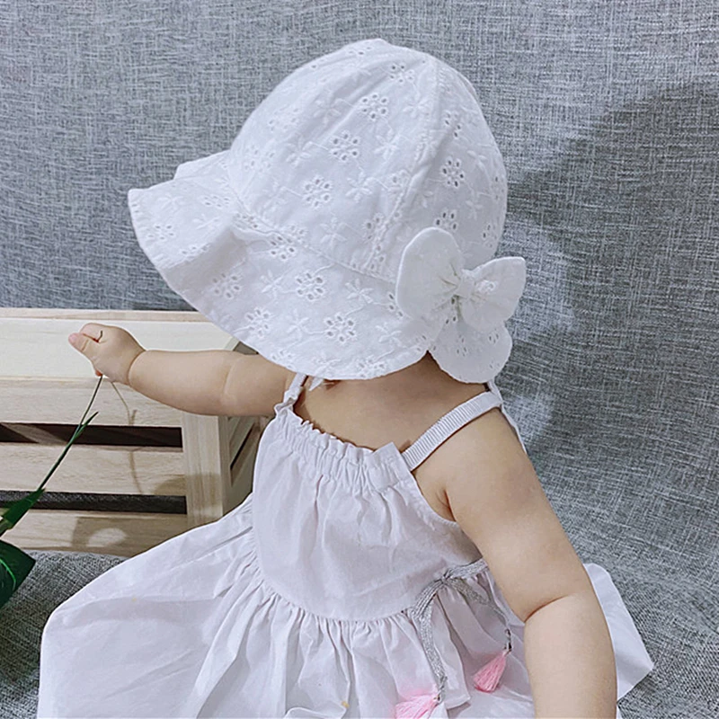 0-18M Summer Baby Girl Hats Cute Hollow Lace Bowknot Outdoor Bucket Hat Newborn Sun Hat Flower Solid Color Toddler Sunscreen Cap