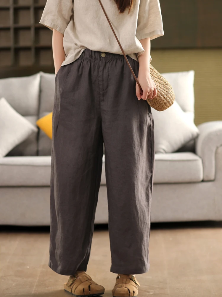 

Ретро-брюки-шаровары из 100% льна для женщин: повседневные, свободного кроя, стройнящие, летние, длинные, для работы и отдыха, с завышенной талией