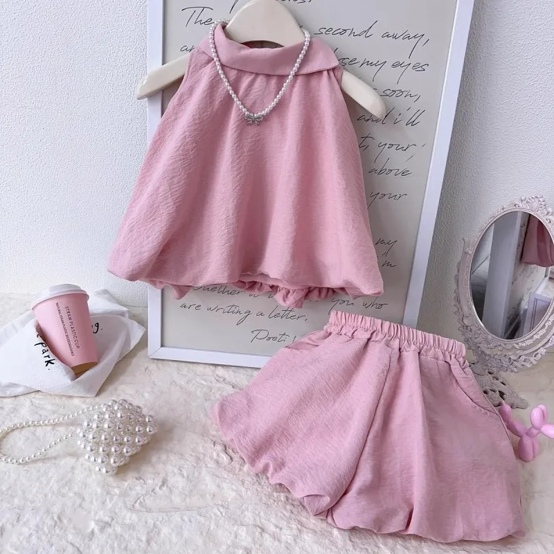 

TOY-2025Summer New Stylish Fashionable Two-Piece Set for Girls Pink Halter Vest Top with Puff Shorts Set Trendy
