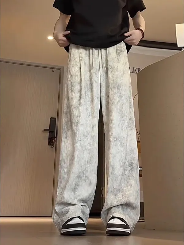 Summer Thin Ice Silk Quick Dry Loose Dyeing Treebark Pattern Men's Casual Pants Straight Leg Draping Loose Fit Casual Trousers