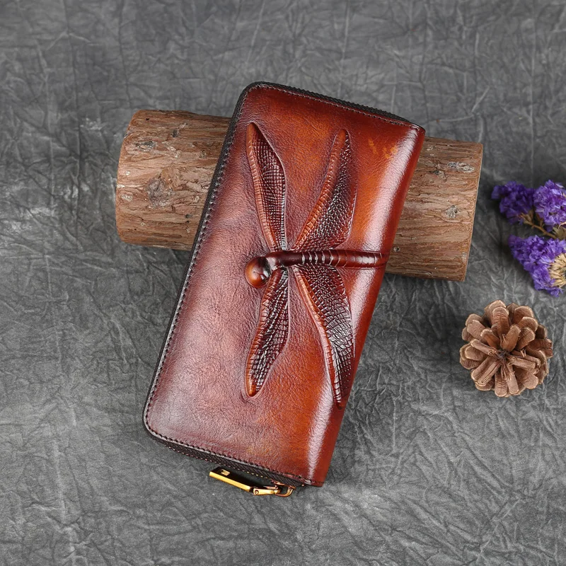 Genuine Leather Long Wallet for Women Purse ID/Credit Card Cash Holder Dragonfly Retro Designer Female Cowhide Money Clutch Bag