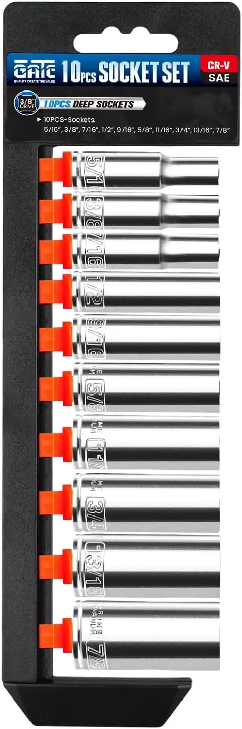 3/8" Drive Deep Socket Set, 10-Piece SAE (5/16"-7/8"), 6-Point Cr-V Steel, Chrome Plated with Hanging Rack