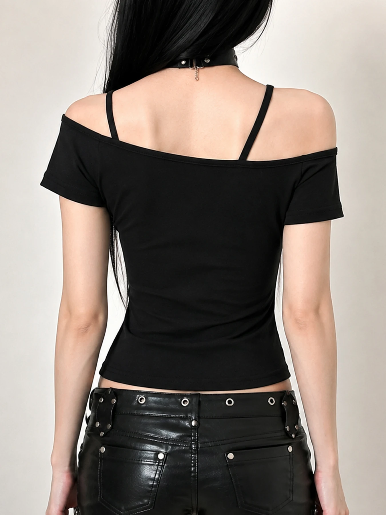 Women Gothic Rock Rivet Halter Off Shoulder Short Sleeve T-shirt Aesthetics Fashion Ink Splash Letter Print Slim Punk Streetwear