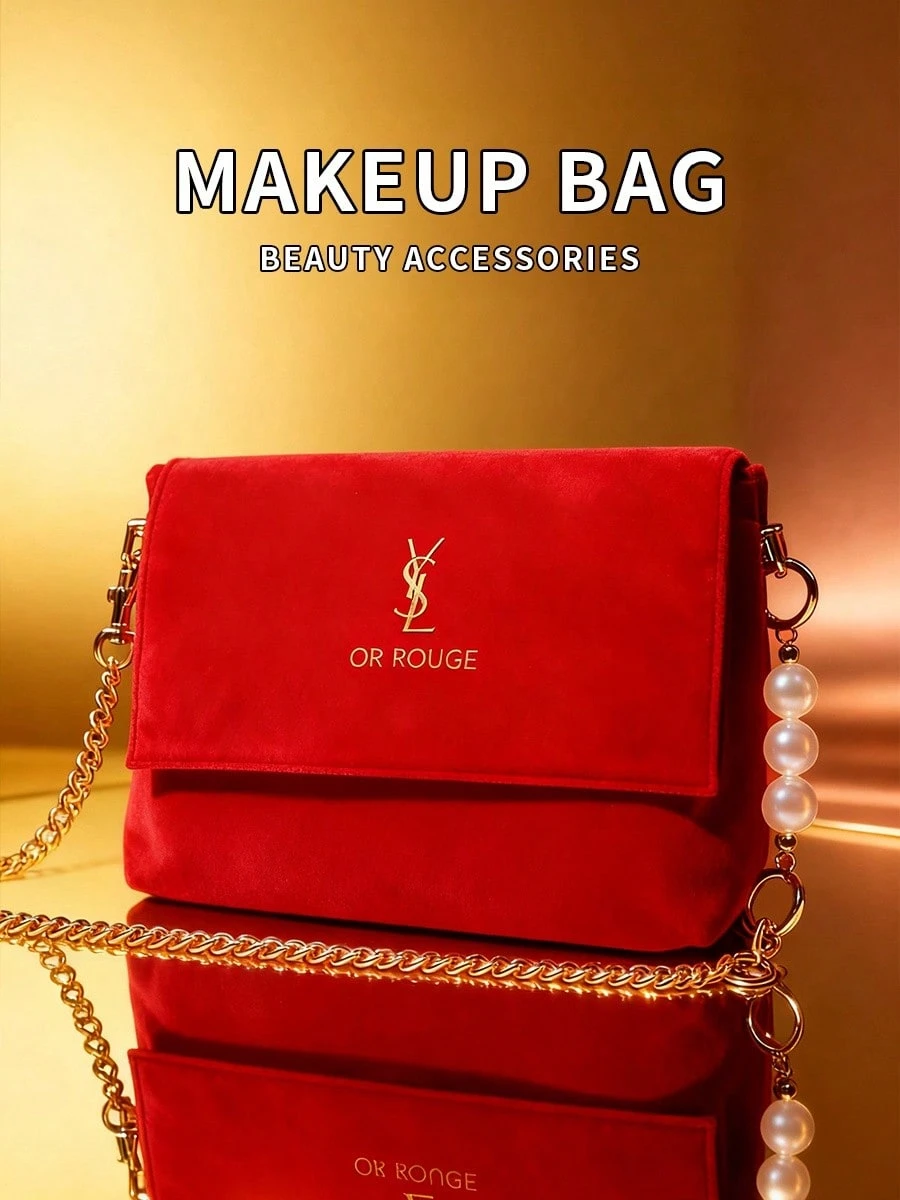 YSL Red Velvet DIY Makeup Bag, Metal Chain, Large‑Capacity Crossbody Cosmetic Bag, Luxury Daily Gift for Women Travel Use