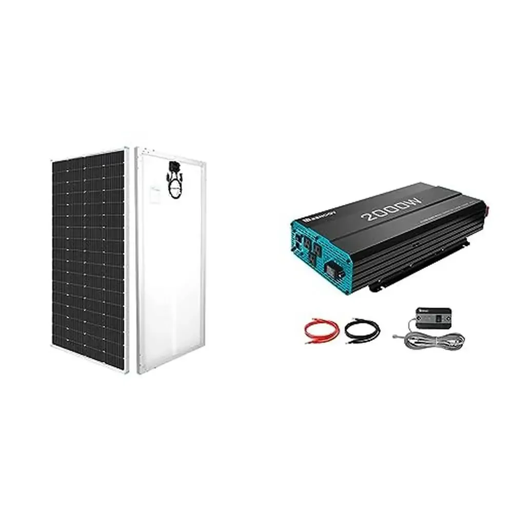 200W 12V Monocrystalline Solar Panel & 2000W Pure Sine Wave Inverter Bundle USB Port ETL Certified 3 AC Outlets Wired Remote