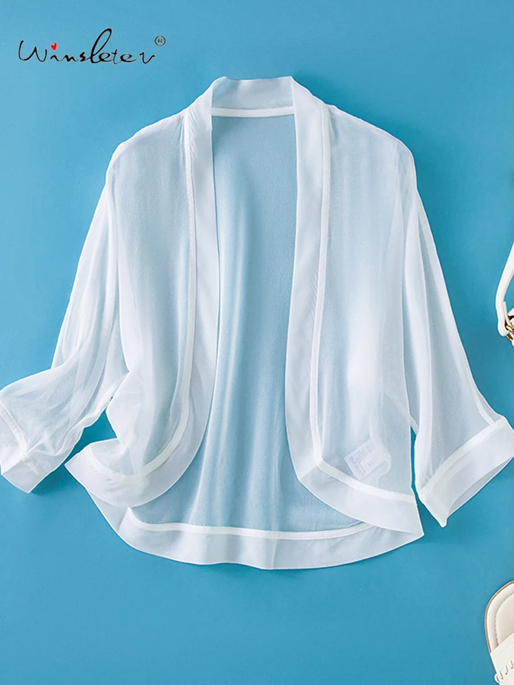 

Winsleter-Women 100% Silk Elegant Sunscreen Tops, 3/4 Sleeve Solid, Beach Vacation Thin Short Shawl Coat, 2025 Summer C57837CC