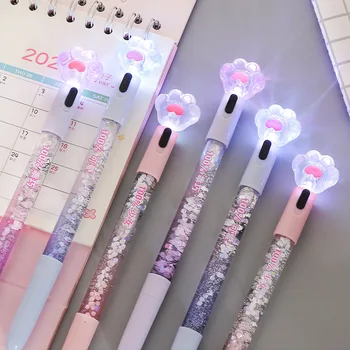 Stylo Gel brillant griffe de chat Kawaii, stylo lumineux LED avec sable mouvant, papeterie créative pour Signature d'étudiant, cadeau pour enfants filles