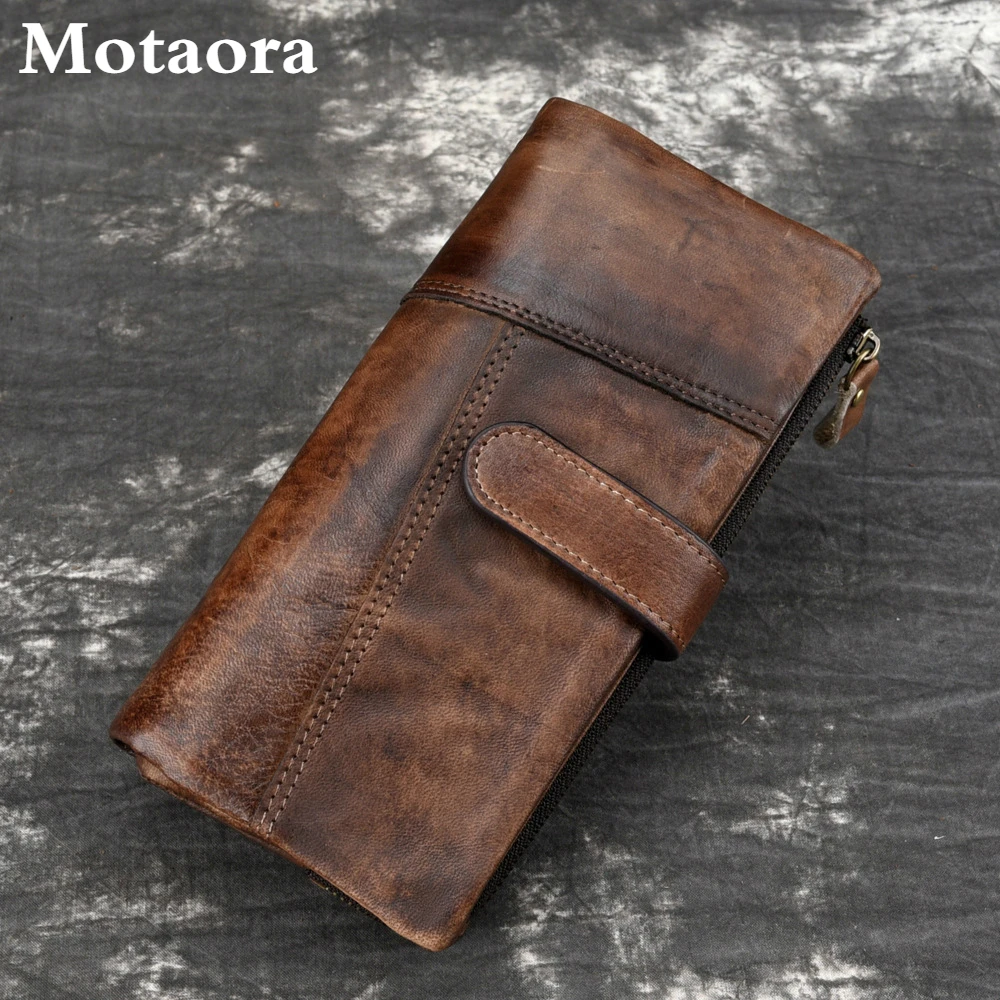 

Motaora Vintage Cowhide Purse Oil Wax Long Wallet For Ladies Multi-card Splicing Wallet Genuine Leather coin purses holders