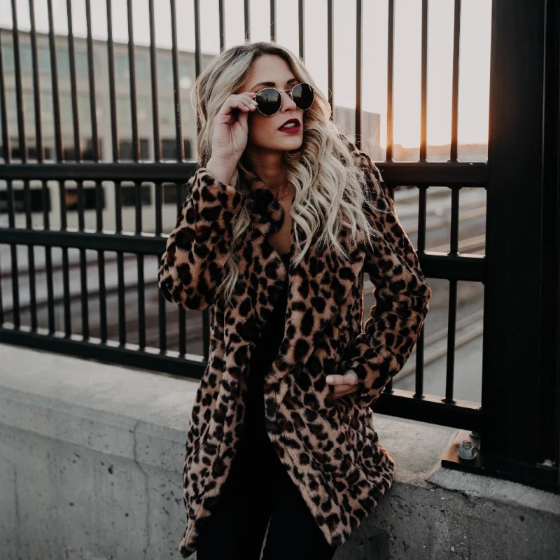 

European and American Style Hot Sale Fashionable Versatile Lapel Leopard Print Imitation Fur Fur Coat Medium Long Sleeve Women