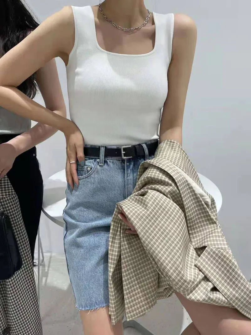 high quality chic basic U-NECK Summer white knit Women tank top sexy sleeveless t-shirt  vintage top casual crop top t shirt