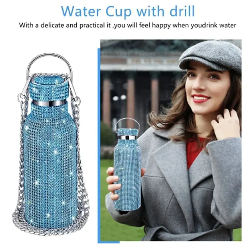 Y50A-Diamond Stainless Steel Water Bottle Portable Glitter Rhinestone Water Bottle Crossbody Bling Thermal Flask 600Ml