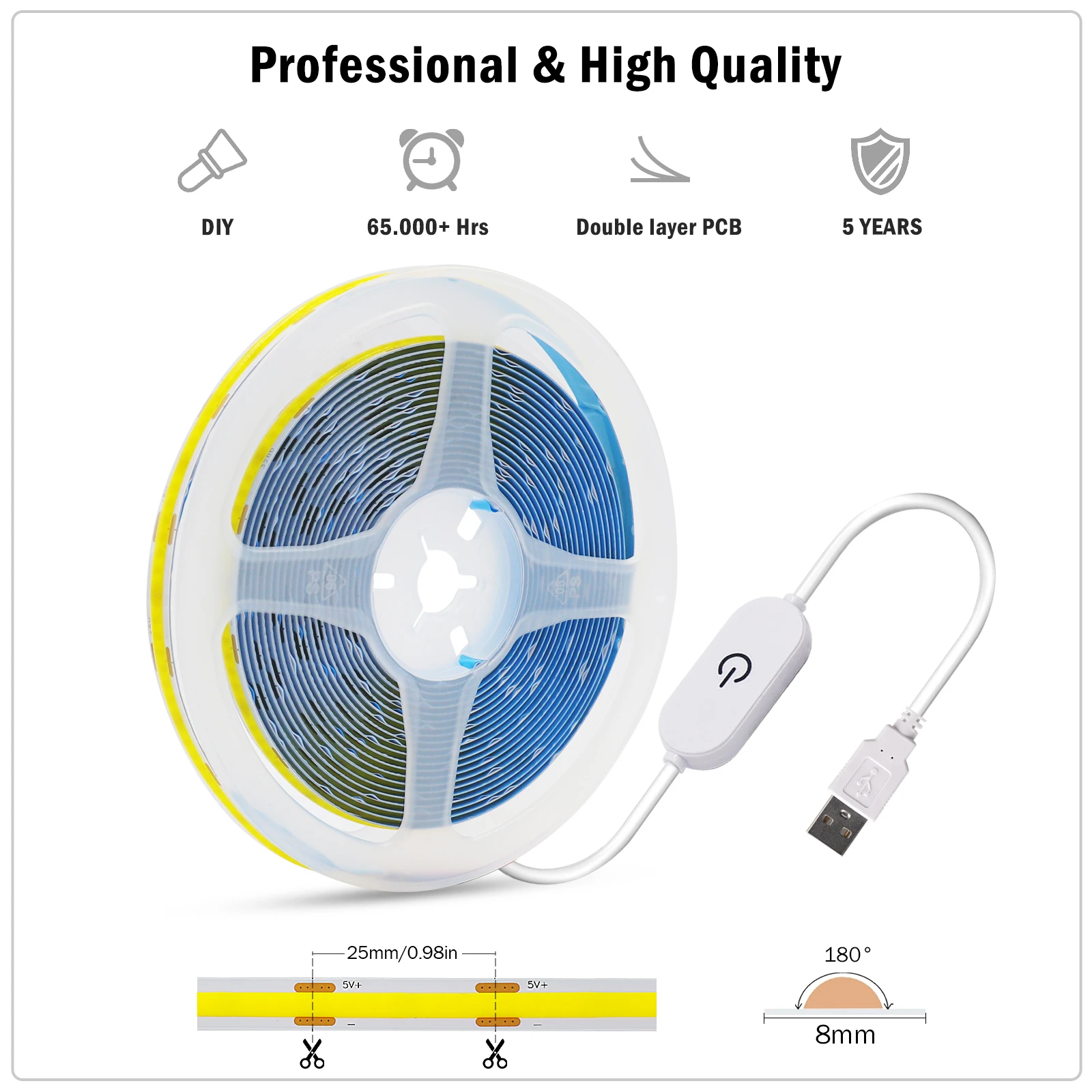 Dimmable USB COB LED Lights With Touch Sensor RA90 Flex Adhesive Tape 5V 320LEDs/M White/Blue/Red/Green Backlight Night Lighting