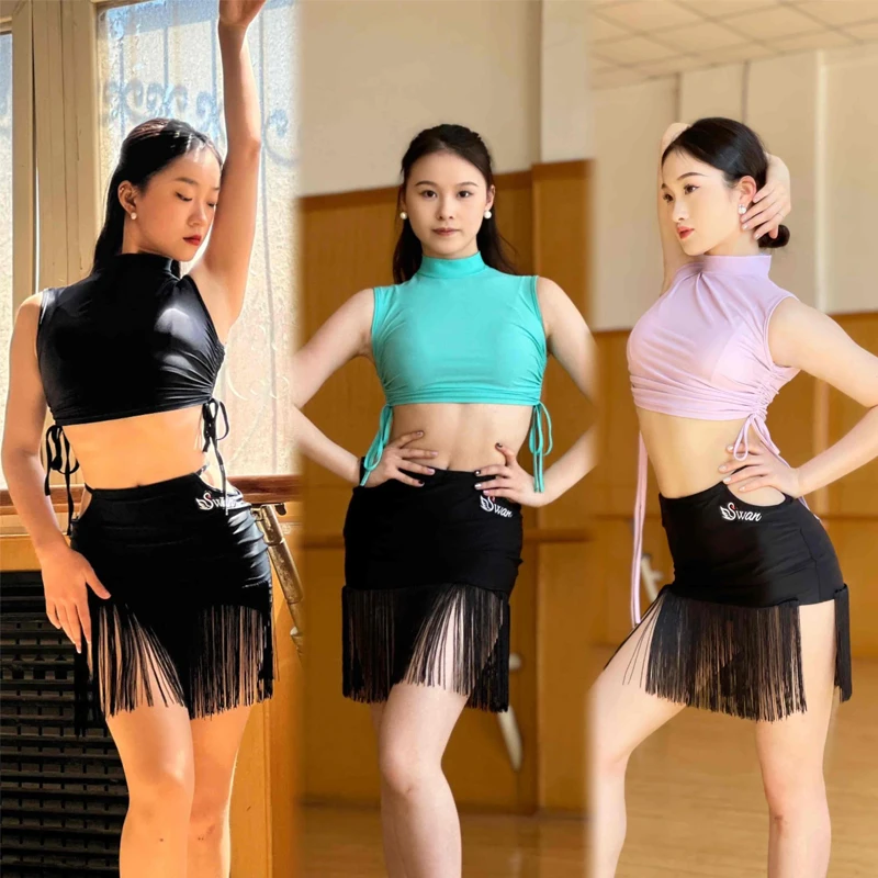 

Summer Latin Dance Practice Suits Adults Chacha Latin Dance Clothing Women Sleeveless Latin Top Tassels Skirts Costume SL13226