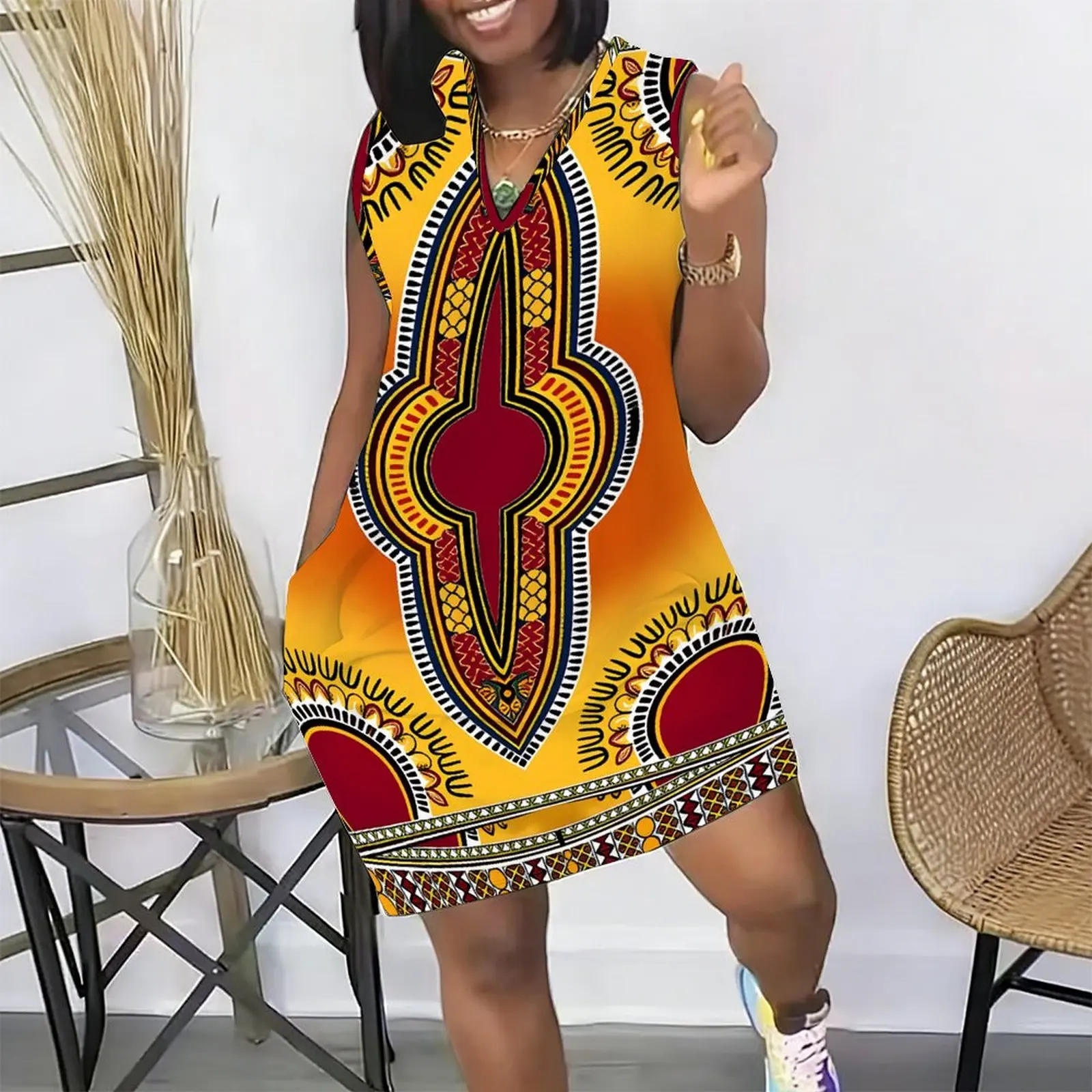 Plus Size Summer Pocket Midi Dress Women's Commuting Casual Knee Length Skirt Ladies Sexy V-neck Printed Dress