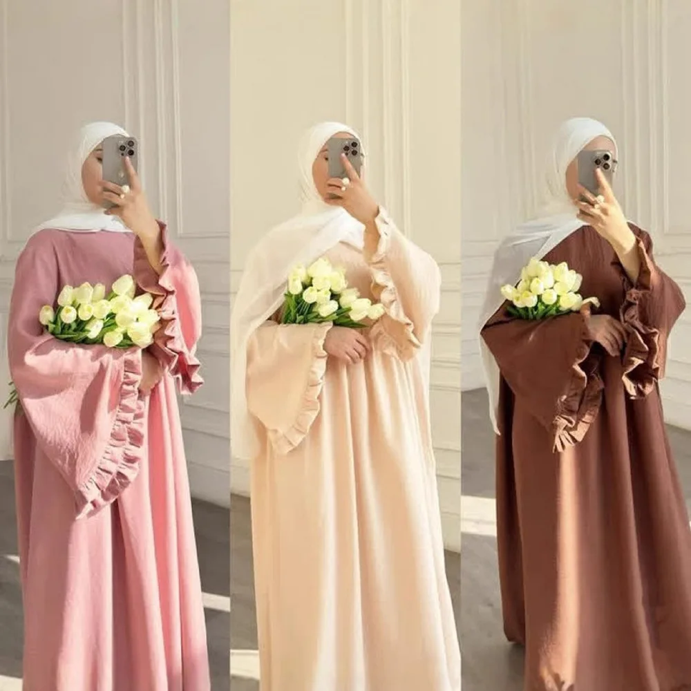 

Eid Winkle Abayas for Women Muslim Dress Dubai Kaftan Turkey Robe Marocain Caftan Islam Jalabiya Kebaya Femme Musulmane Vestidos