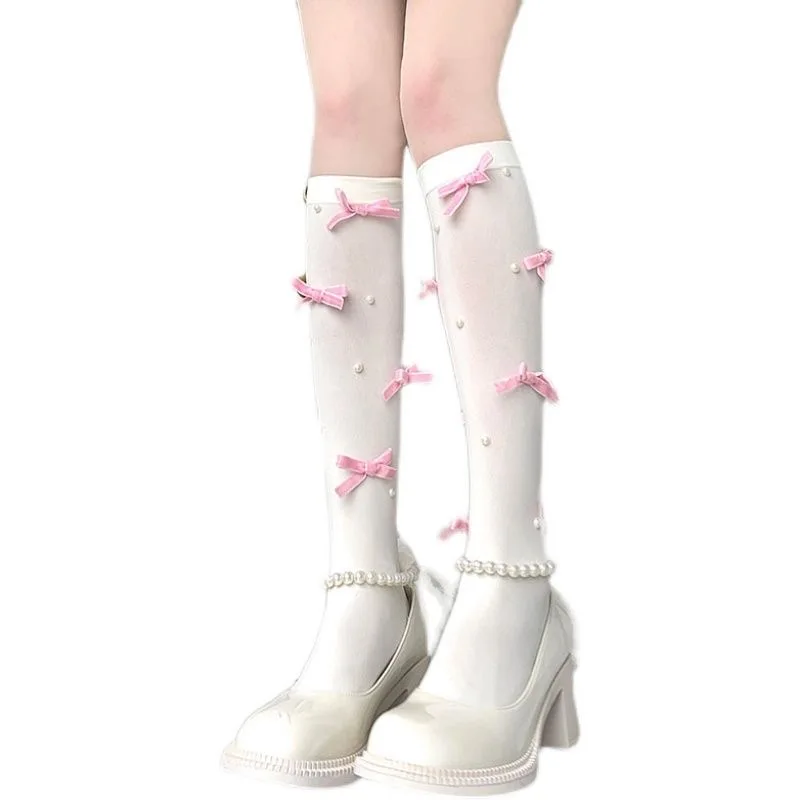 Lolita Socken dünne y2k Socken für Mädchen junge Socken Bogen rosa weiß Strumpf elegante Frauen Accessoire