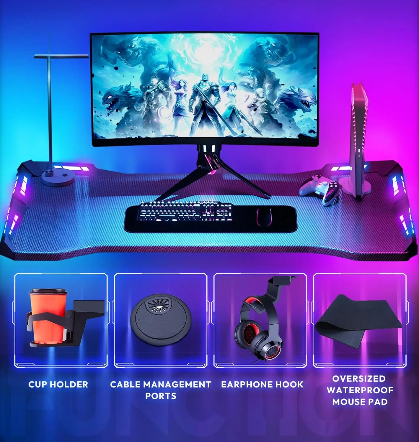 Dowinx Gaming Desk with LED Lights, RGB Gaming Computer Table with Carbon Fibre Surface, LED Home Office Desk with Remote