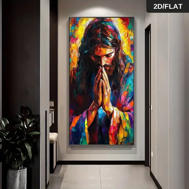 (1PC Unframe)1pc Extra Large 70x140cm (27.5x55.1in) Jesus Prayer Canvas Painting - Modern Abstract Religious Wall Art with Vibr