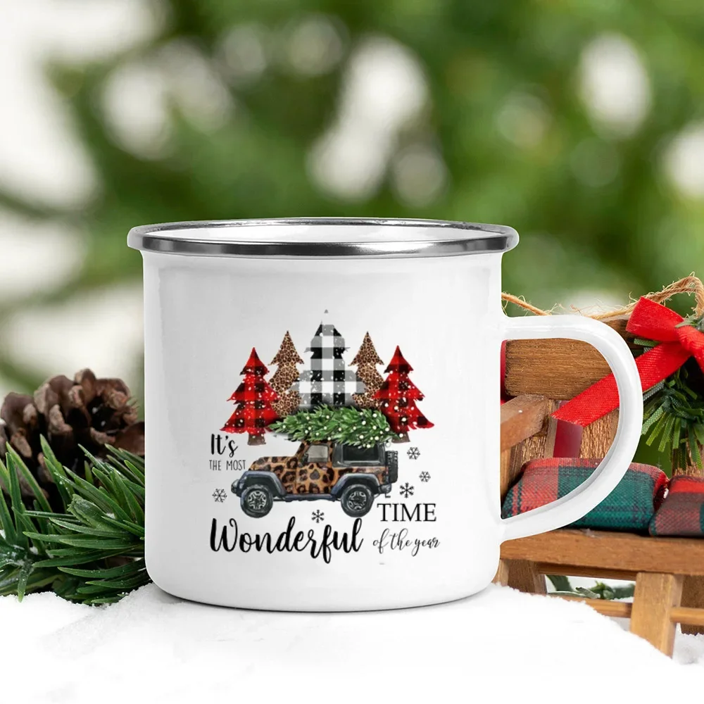 Christmas Tree Truck Print Mugs White Handle Juice Mug Beer Water Mug Enamel Hot Cocoa Coffee Cups Kitchen Party Decoration Gift