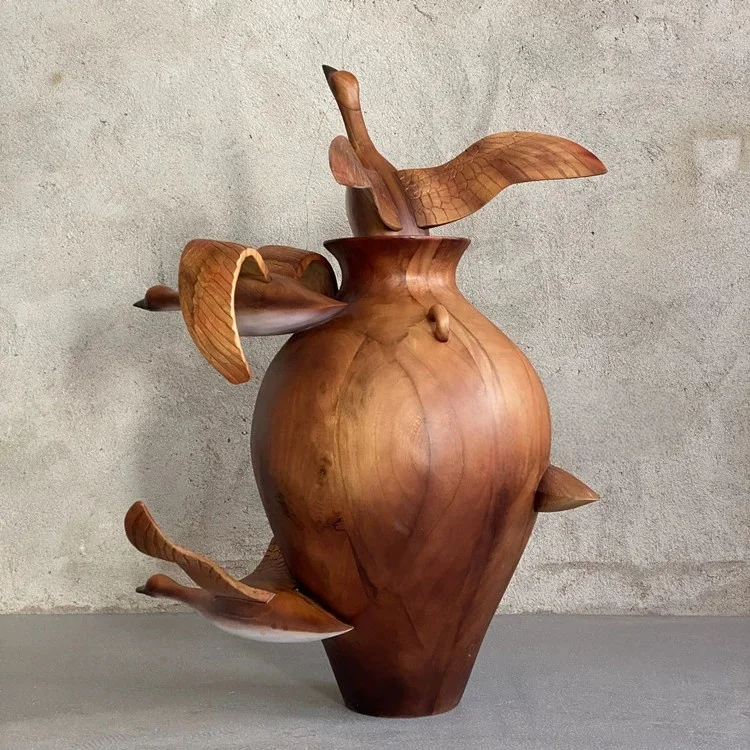！@Creative Bespoke Wooden Vase Sculpture Flowing Form Artistic Standing Decor Home Display Gift