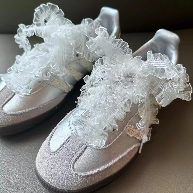 White Lace Ruffle Shoelaces Ballet Style Fungus Edge Shoelace Sweet Frill Ribbon Laces for Sneakers Casual Shoes Width 1.2cm/3cm
