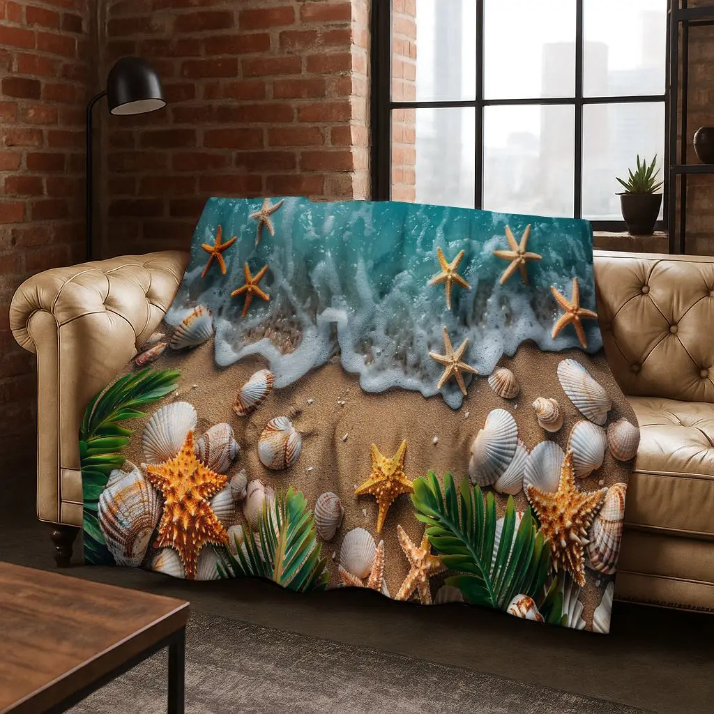 Dream Starfish Shell Tropical Beach Sea Star Art Flannel Blanket,Cozy Soft Throw Blanket for Home Bedroom Bed Sofa Cover Gift