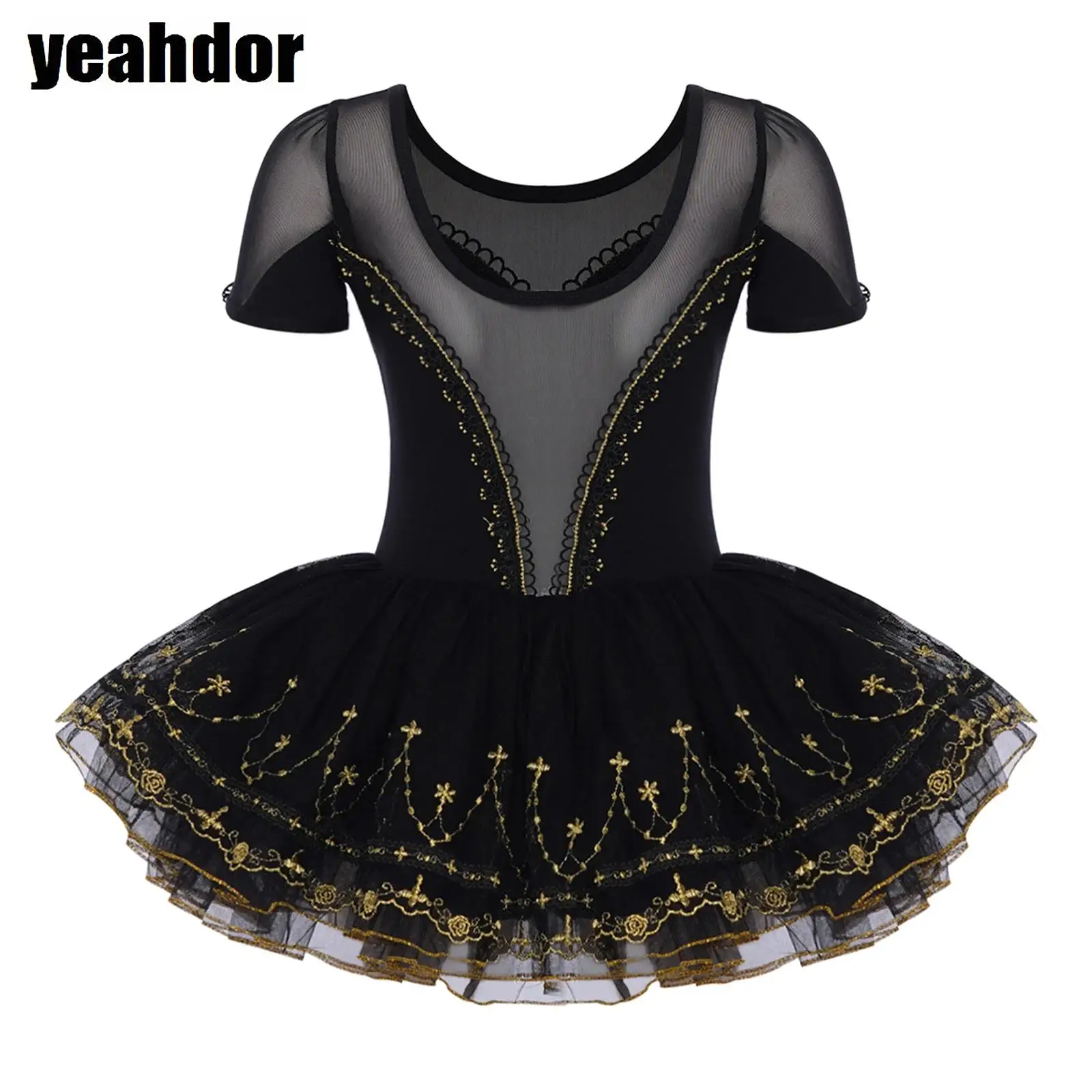 

Girls Ballet Dance Dress Gymnastics Leotard Short Sleeve Sheer Mesh Lace Embroidery Ballerina Tutu Dress Performance Costumes
