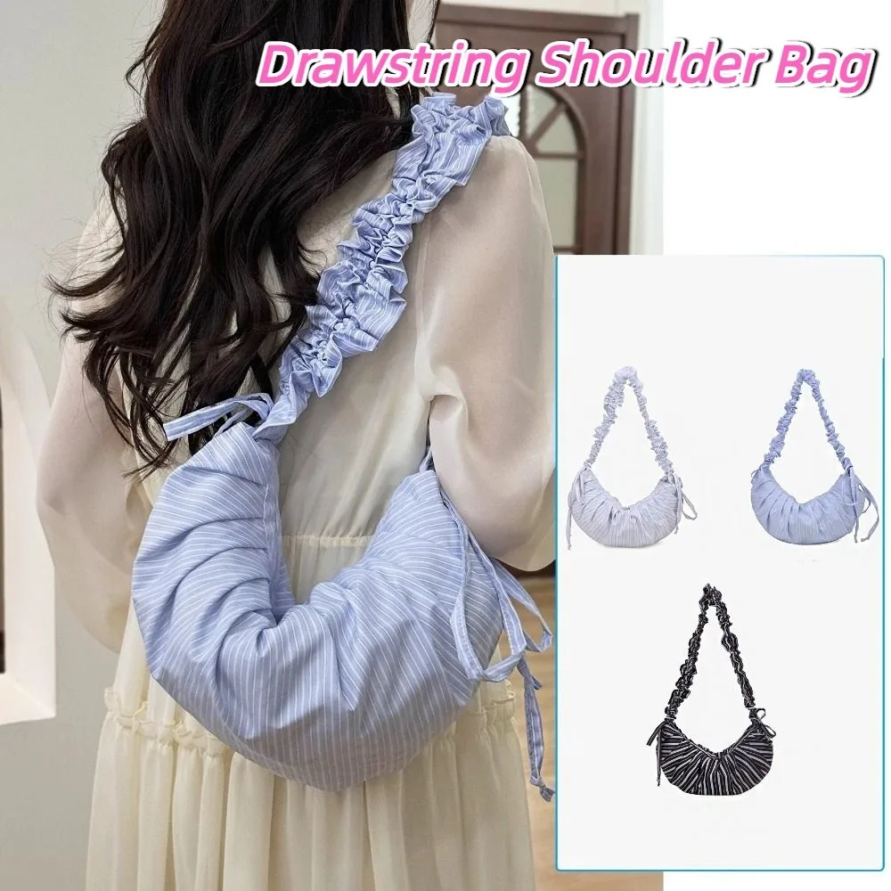 

Korean Style Drawstring Shoulder Bag Dumpling Bag Lightweight Lace Crossbody Bag Large Capacity Ballet Style Stripe Pleated Bag