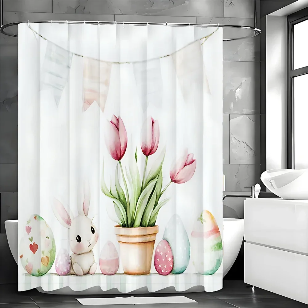 Cute Bunny Floral Bathroom Shower Curtain, Cute Easter Egg Shower Curtain, Tulip Chess Watercolor Painting Suitable for Bathroom