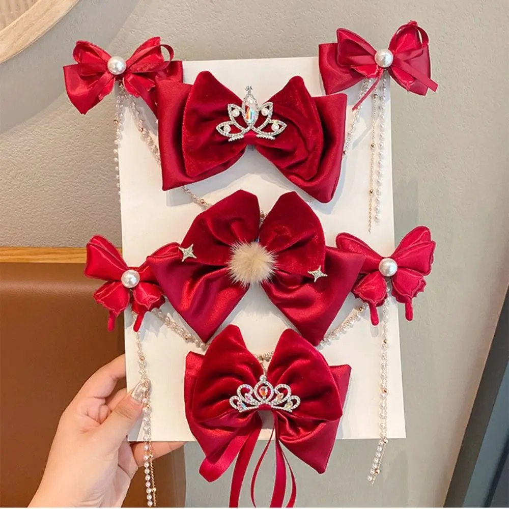 Plush Children Red Velvet Bow Hairpin Cloth Pearl Chinese New Year Headwear Tang Suit Hair Clip Crystal Crown