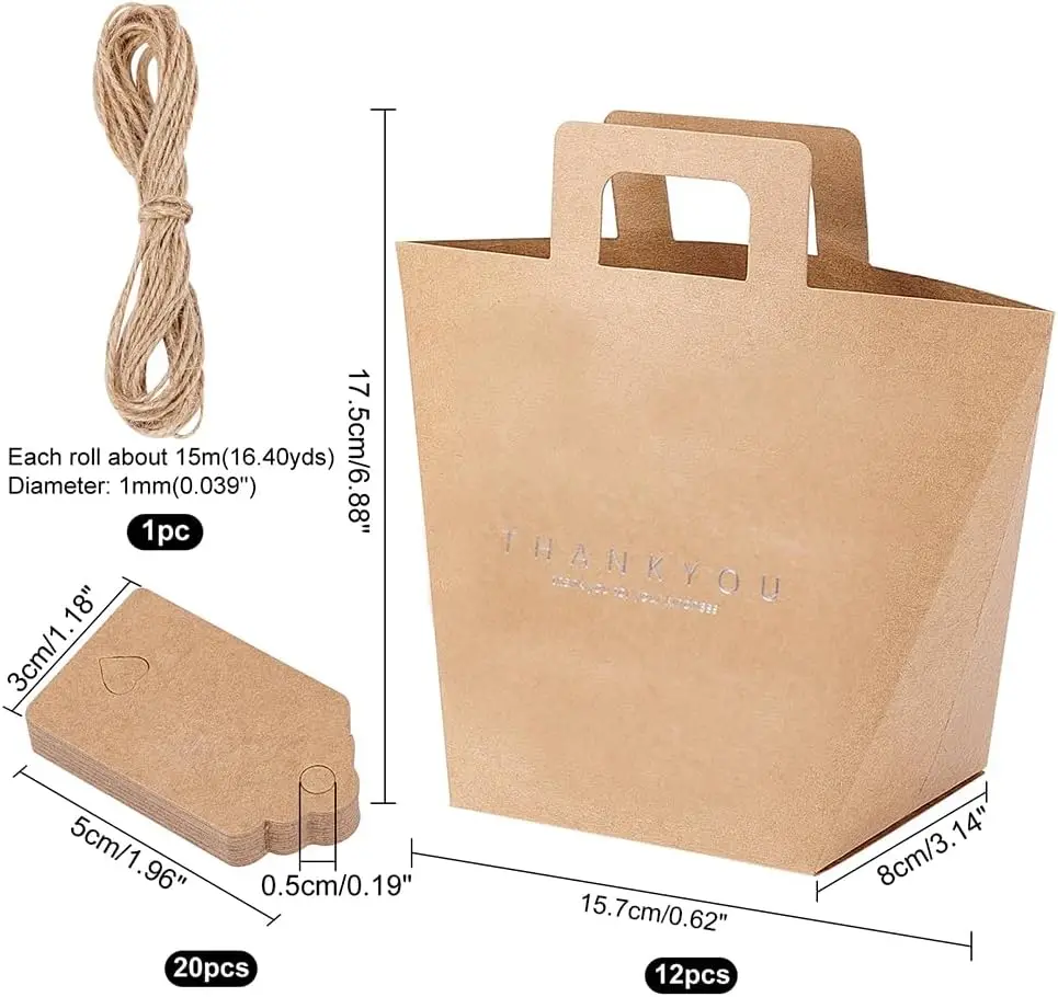 12Pcs Bags with Handles Foldable Kraft Paper Bags Wedding Favour Paper Bags with 49 Feet Jute Cords and 20pcs Paper Price Tags