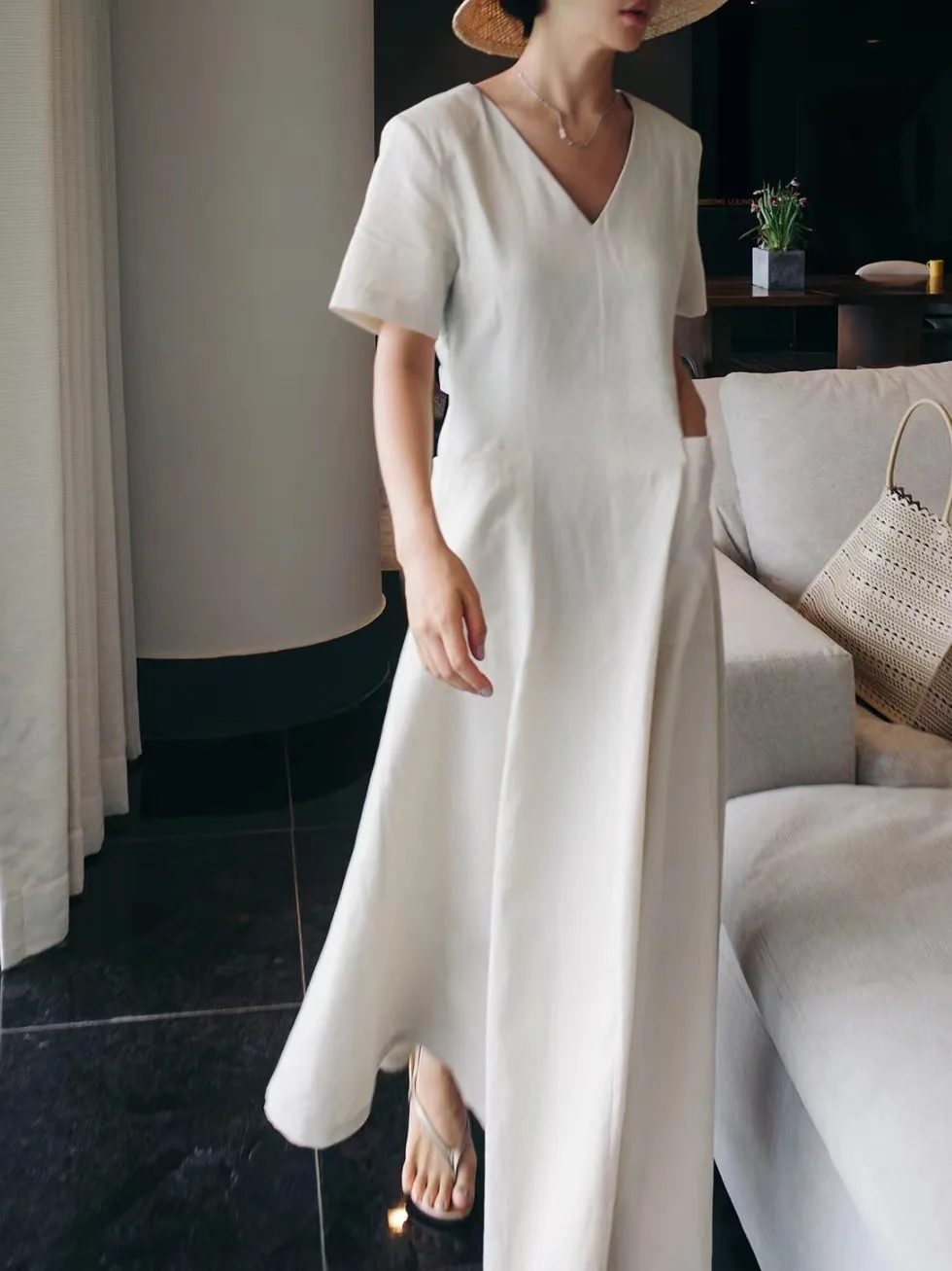 Slimming Word Fashion Loose Short Sleeve Collar Dress with Double Pockets Waist Cinched Slimming Effect Spring Autumn Winter