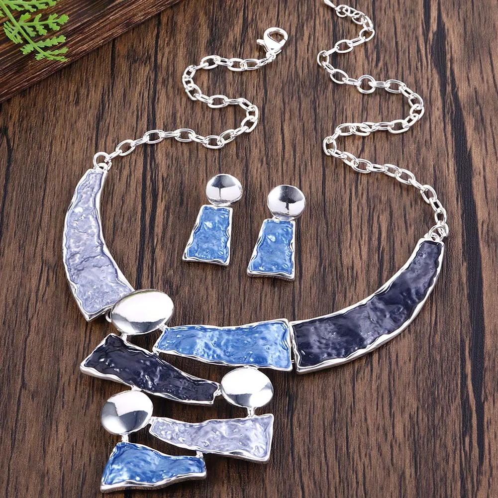 Women's Blue Enamel Geometric Necklace Set, Elegant Gift