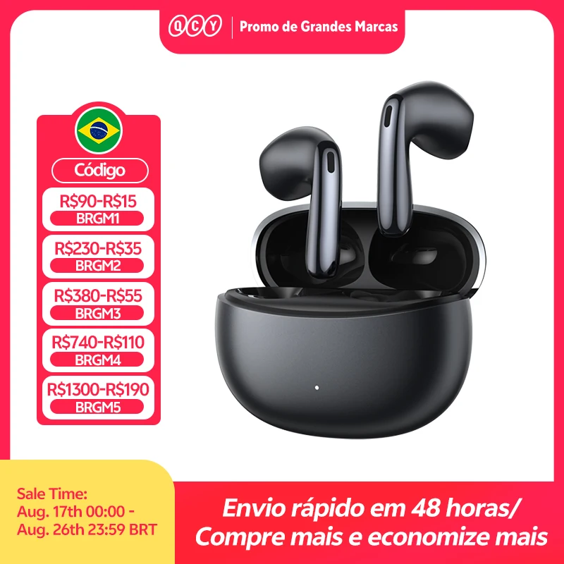 Fones de ouvido sem fio QCY AilyBuds E50 HT11 com cancelamento de ruído híbrido adaptativo de alta resolução, Bluetooth 6.0, som espacial, drivers de 11 mm e 40,5 horas de reprodução.