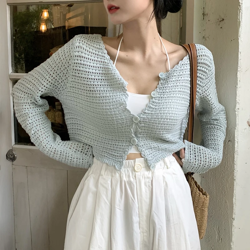 Cardigan Pointelle para mulheres manga comprida botão para baixo suéter de malha jaqueta primavera verão adolescente roupa casual