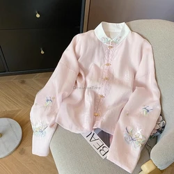 2024 new chinese style women's pink embroidery long sleeve stand collar tang suit shirt female spring gentle elegant blouse w591