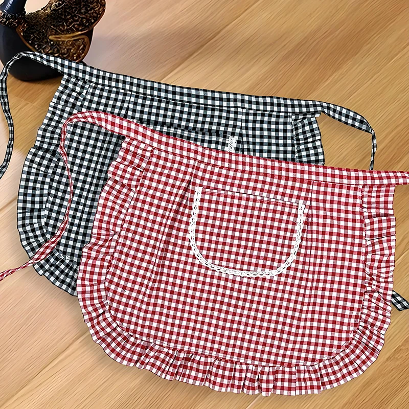 Apron Square Check Half Waist Apron Cotton Material Stain Resistant Breathable Home Cooking Work Clothes Kitchen Accessories