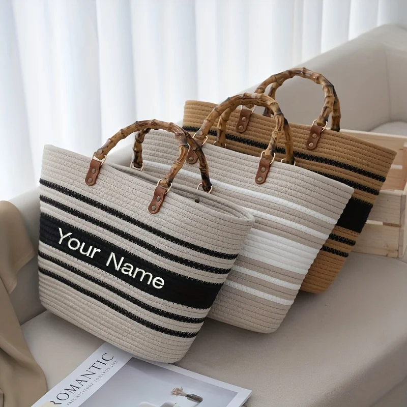 Custom Embroidered Name Logo Woven Tote Bag Beach Vacation Striped Shoulder Bag Rope Straw Bamboo Tote Personalization Gift