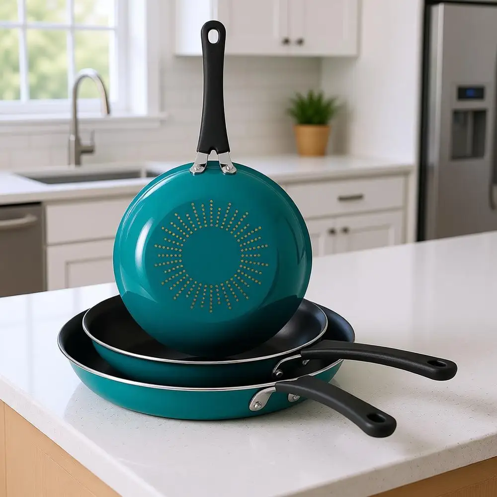 

Набор из 3 сковородок с фарфоровым эмалевым покрытием, с усиленным антипригарным покрытием, подходит для мытья в посудомоечной машине и использования в духовке (бирюзовый)