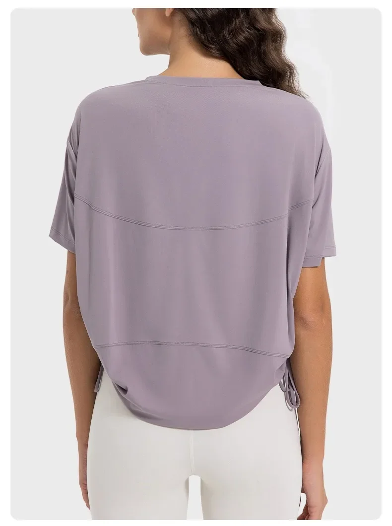 New Lemon Cool Breathable Quick-drying Drawstring Pleated TEE Loose Comfortable Round Neck Outdoor Sports Short Sleeve