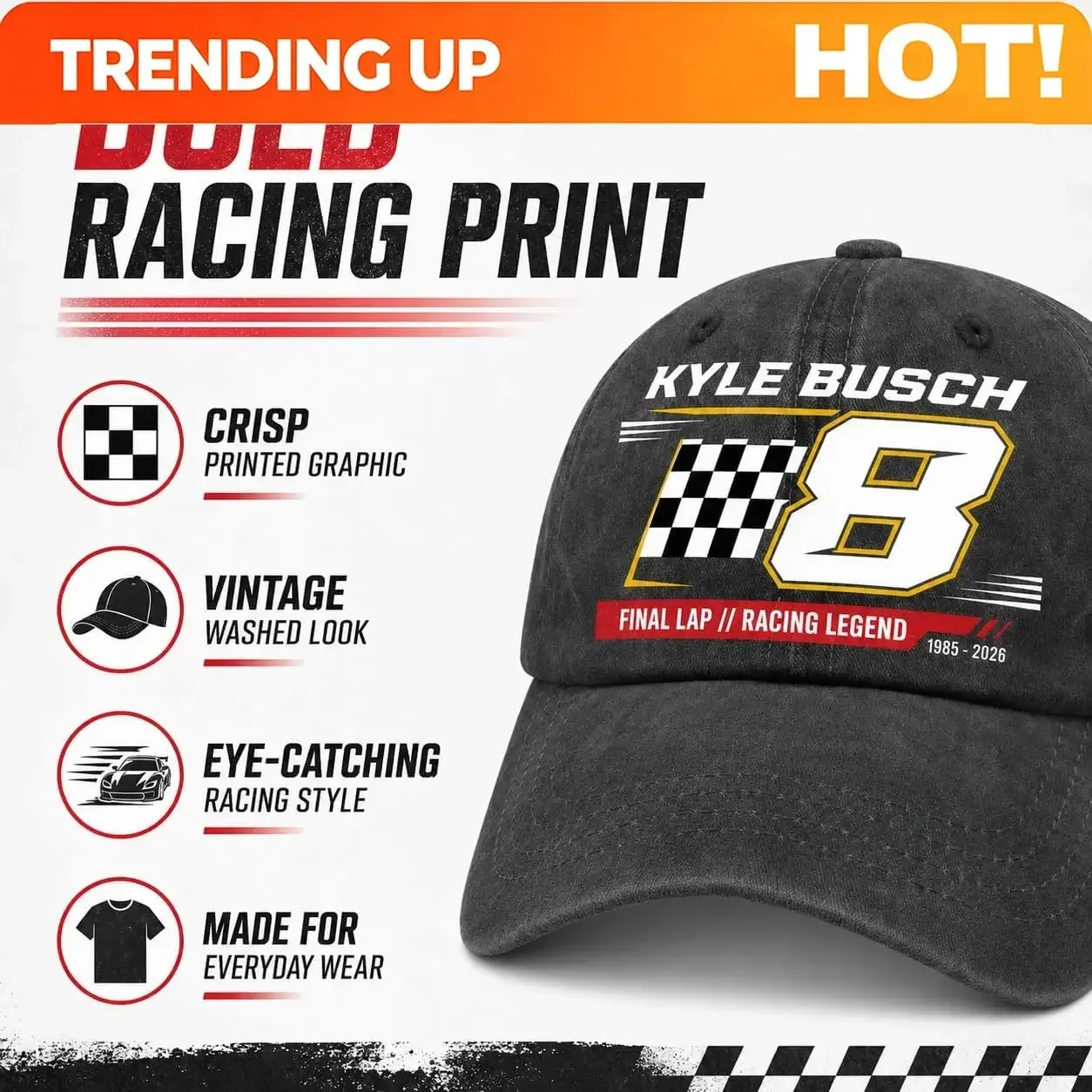 Custom Kyle Busch Hat, #8 Racing Legend Tribute Baseball Cap, In Memory Of Kyle Busch Commemorative Washed Cotton Dad Hat