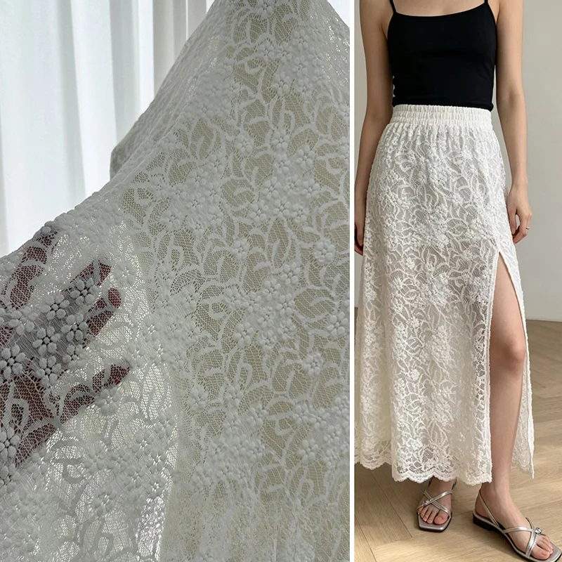 Mistlace Bubble Fabric Lace Long Midi Skirt Women Summer Gentle A line Half Skirt off White Beige Elegant  Long Skirt #116