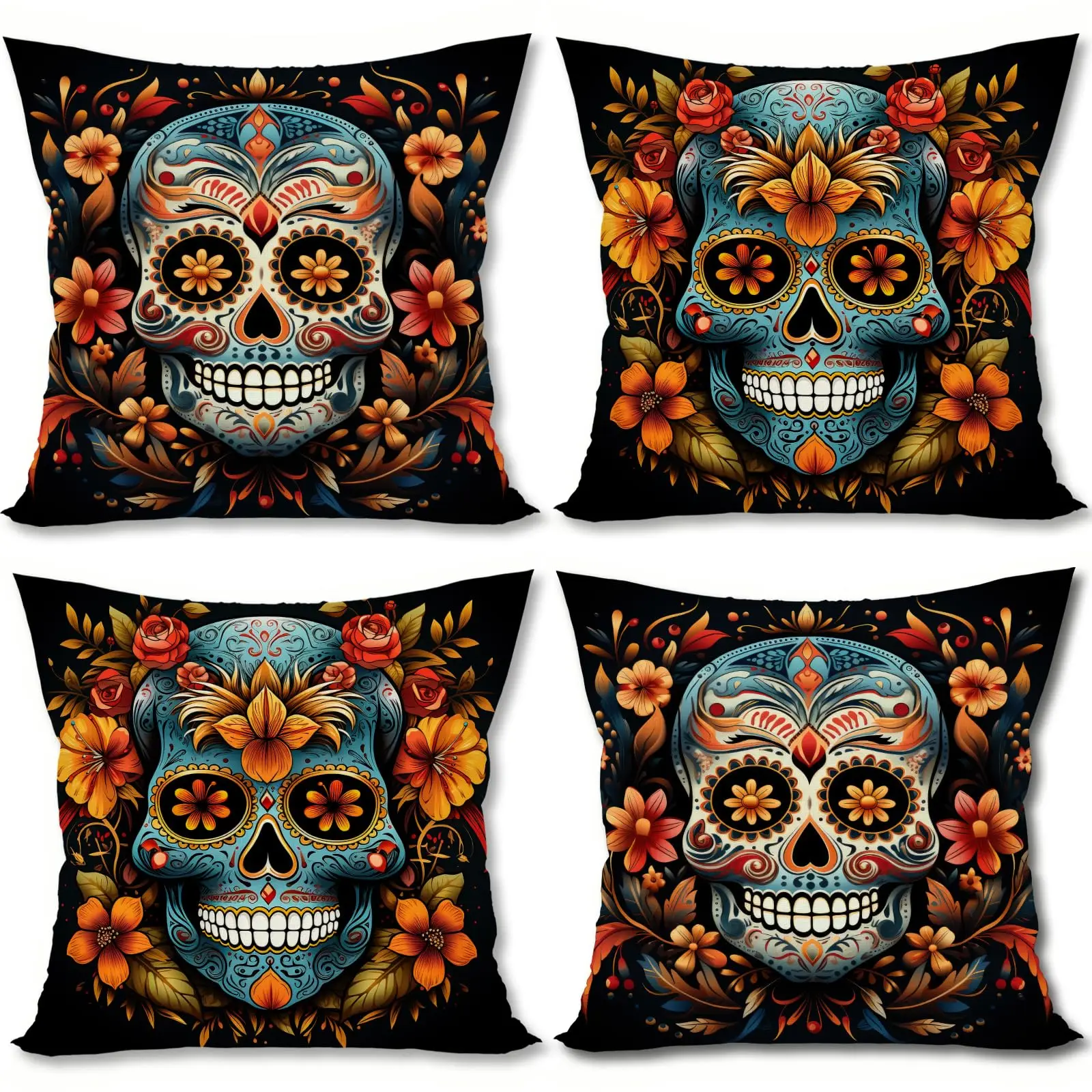 

Day of The Dead Pillow Covers Set of 4 Sugar Skull Marigold Dia De Los Muertos Mexican Fiesta Party Decorations for Sofa Couch