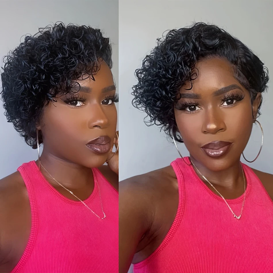 Pixie Cut Wig Human Hair 13X4X1 Lace Frontal T Part Lace Wig For Women Curly Wave Wigs