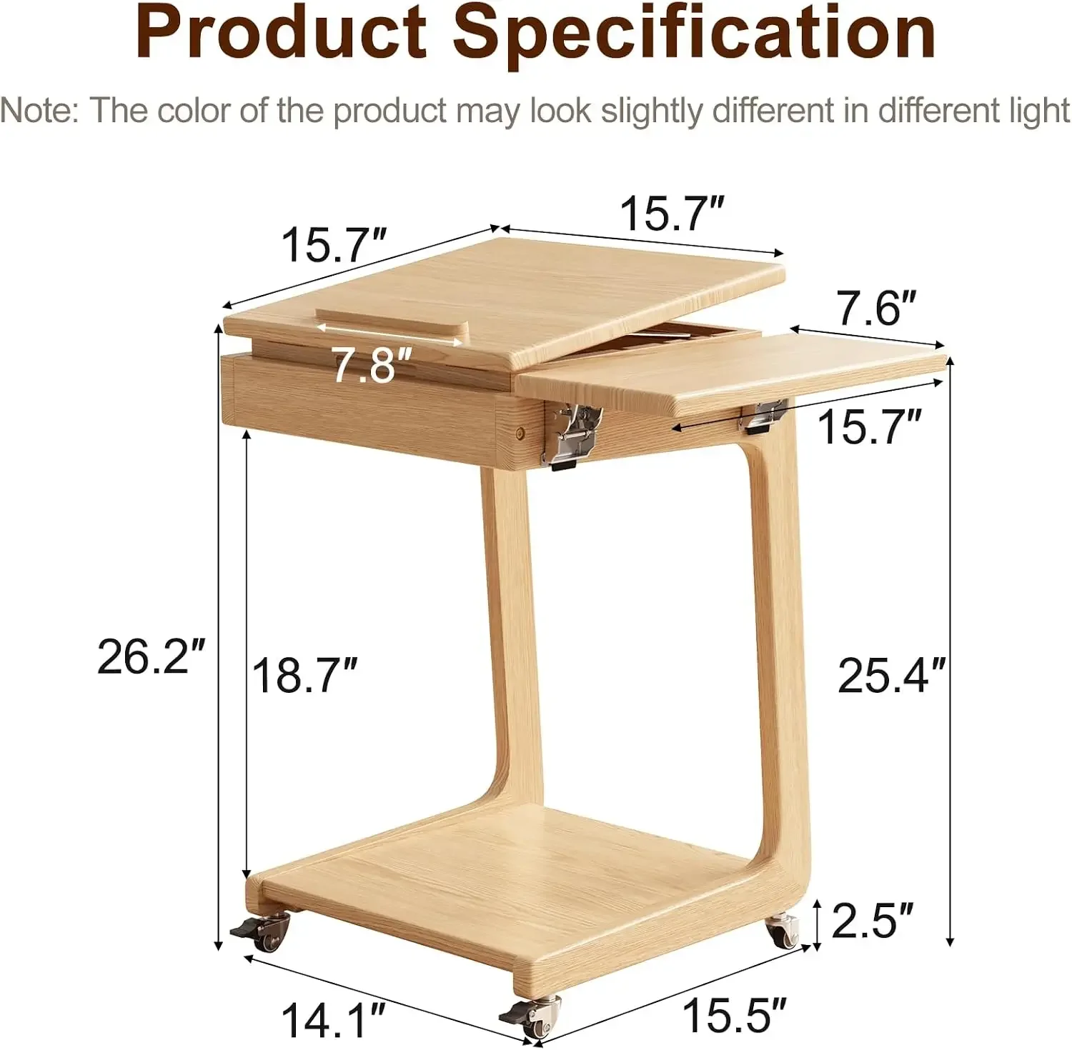 Solid Wood C Shaped End Table for Couch, Oak Couch Desk | C Table with Wheels, Rolling Side Table with Storage, Adjustable