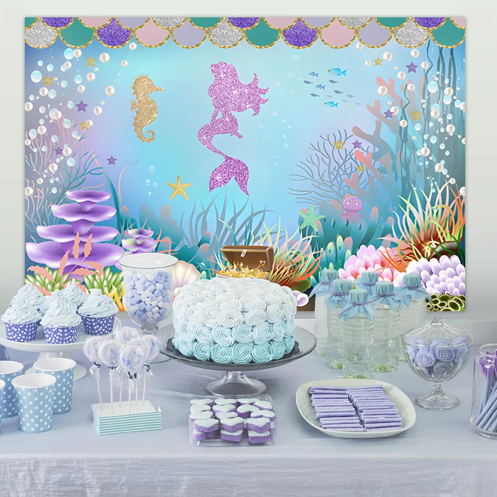 Mermaid Theme Backdrop Banner Girl Birthday Party Photography Background Wedding Party Baby Shower Decoration Photo Studio