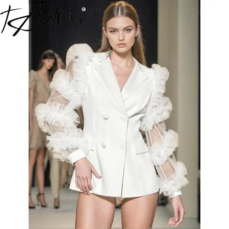 

TANNT Women Blazer 2024 Mesh Ruffles Double Breasted Full Sleeve Ladies White Blazer Coat Fashion Women's Long Suit Jacket